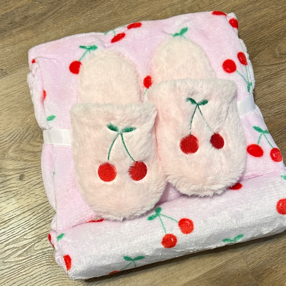 Pink Fuzzy Cherry Slippers and Blanket Set